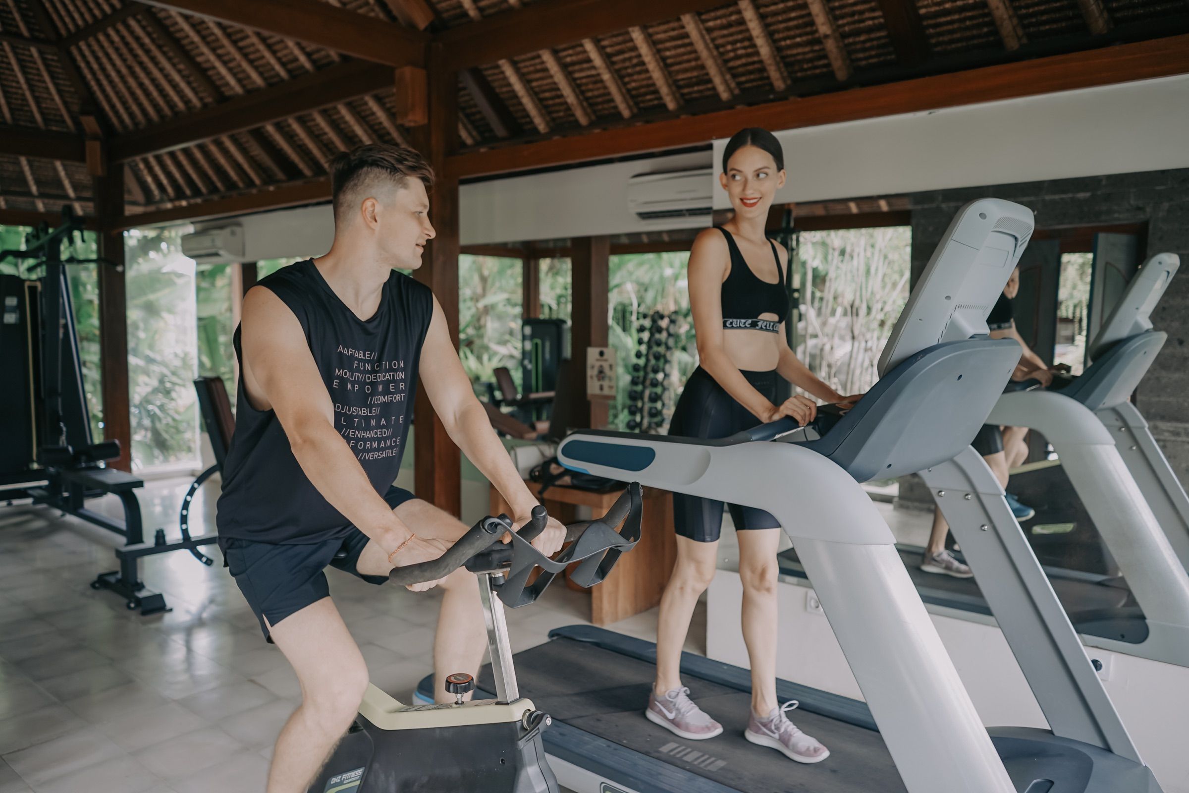 Guests training at the Gym with jungle views